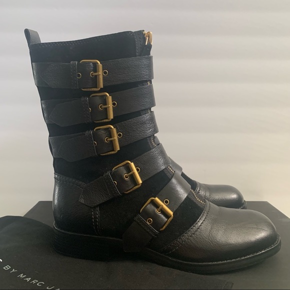 Marc By Marc Jacobs Gold Buckle Black Boots Moto Chic Leather Suede Straps - Picture 2 of 9
